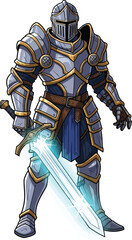 Fototapeta premium Epic Knight in Shining Armor Holding Glowing Sword - Fantasy Warrior Illustration
