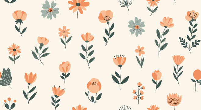 Charming floral pattern with peach and blue flowers on a cream background for a fresh spring design look