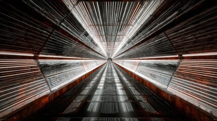 ultra modern tunnel interior with illuminated lines and metallic textures, symmetry and depth perspective, sci fi architectural concept