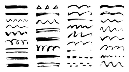 Collection of Black Hand-Drawn Brush Strokes and Lines on White Background