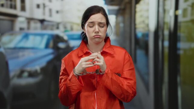 Woman with brunette hair in prison jumpsuit and handcuffs stands outdoors on street, conveying emotion and legal consequences.