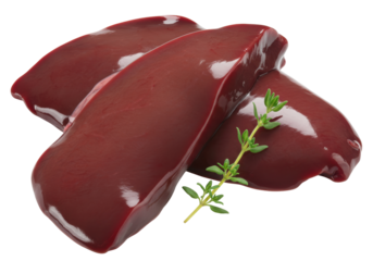 Fresh beef liver isolated on transparent background, raw offal meat with thyme sprig for cooking and healthy eating