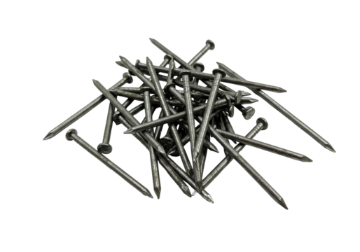 Pile of metal nails isolated on transparent background, construction hardware for carpentry and woodworking projects