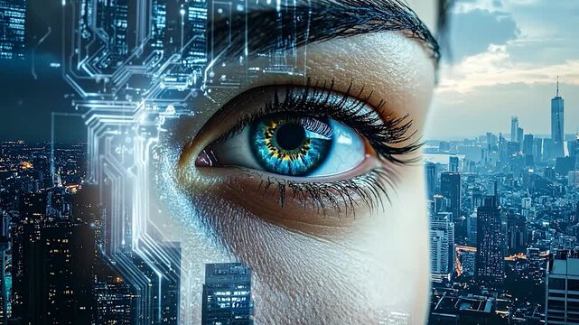 Human eye with circuits overlaying a city skyline, blending technology and vision - Powered by Adobe
