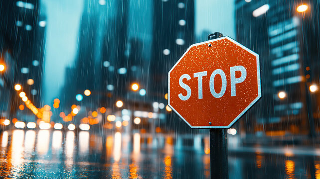 Red STOP sign with raindrops in rainy urban setting, blurred city lights in background