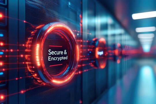 Glowing digital interface displays Secure Encrypted in futuristic server room