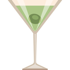 A single martini glass filled with pale green liquid and a single dark olive garnished with a clear liquid stem on a transparent background