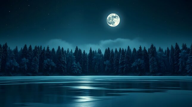 night landscape with moon,winter lake, frozen water, snow landscape, frosty morning, icy reflection, pine forest, mountain winter, cold season, nature background, peaceful scenery, winter sunrise, - Powered by Adobe