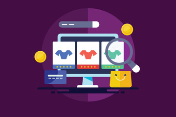 Featured clothing products appears under magnifier view, ecommerce interface connected with search, cart and payment tool.