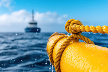 Close up of thick yellow rope tied around life preserver on boat with ship in background