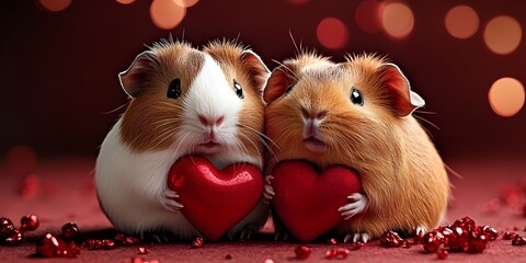 Cute guinea pigs hold red hearts on a romantic background, celebrating love and friendship during a festive occasion