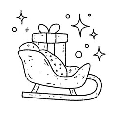 Christmas sleigh with gift and sparkles in festive black and white hand-drawn line art style
