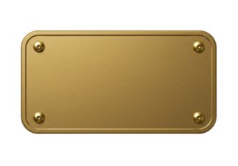 Gold metal plate isolated on transparent background, blank name tag with screws for signage and labeling