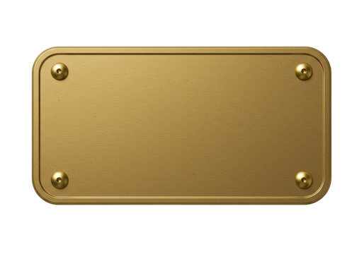 Gold metal plate isolated on transparent background, blank name tag with screws for signage and labeling