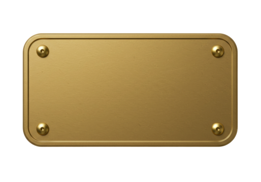 Gold metal plate isolated on transparent background, blank name tag with screws for signage and labeling