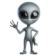 Cute confident gray alien character waving hand smiling in 3d render isolated on white background