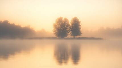 Tranquil sunrise over a misty lake with two trees reflecting in the calm water