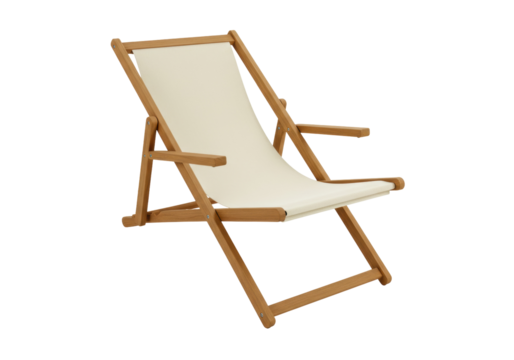 Wooden deck chair with cream canvas isolated on transparent background, folding beach chair for outdoor relaxation
