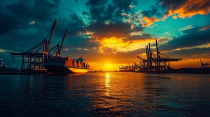 Obraz premium Sunset view over a busy shipping port with containers and cranes silhouetted against the colorful sky
