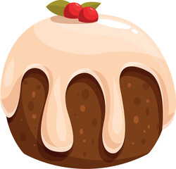 Delicious christmas pudding with dripping white icing and holly berries, perfect for holiday celebrations