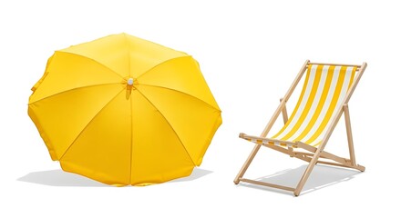 Yellow umbrella and beach chair for summer relaxation.