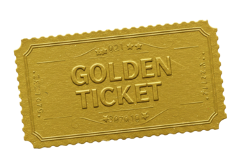 Golden ticket isolated on transparent background, vintage admission pass for event or prize winning concept