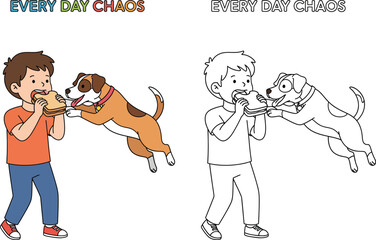 "Every Day Chaos" - Cartoon Boy and Dog Fighting Over a Sandwich - Coloring Page