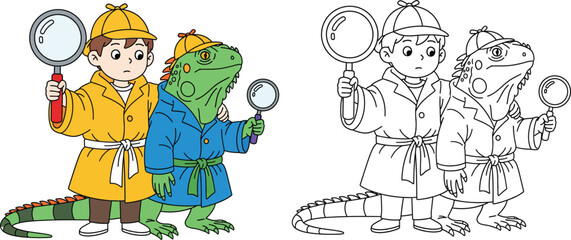 Cartoon Boy and Iguana Detectives with Magnifying Glasses - Coloring Book Illustration