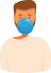 Office worker blowing a big blue bubble gum bubble, enjoying a moment of relaxation and fun