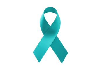 Teal ribbon isolated on transparent background, awareness symbol for ovarian cancer and PTSD support in PNG format