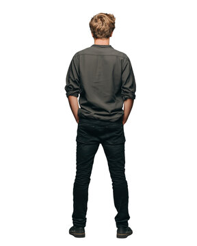 Young man in a casual outfit standing with his back facing the camera isolated