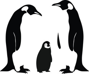 Naklejka premium Penguin family illustration, parent and chick together, black and white birds, wildlife art, Antarctic animals, parental care, love, nature designPenguin family illustration,