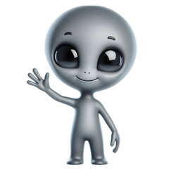 Cute confident gray alien character waving hand smiling in 3d render isolated on white background