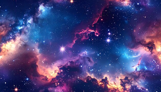 A vibrant nebula painting with bright stars and swirling clouds - Powered by Adobe