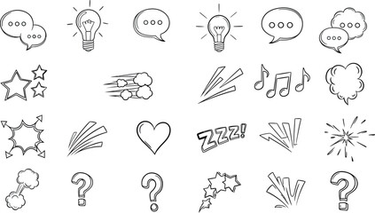  Vector art of a collection of handdrawn doodle icons including lightbulbs, stars, and speech bubbles