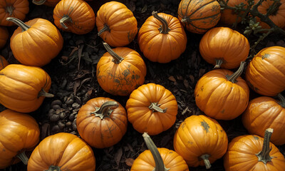 Autumn pumpkins on the ground, harvest season concept