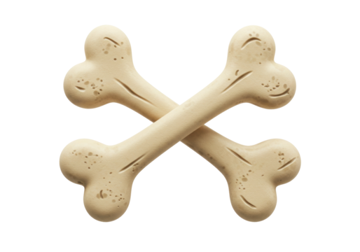 Two beige dog bones crossed isolated on transparent background, pet treat in X shape for animal care and canine dental health