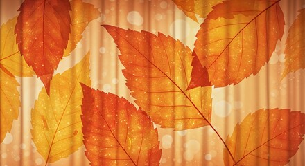 Autumn background with translucent leaves on a warm grassy green background with play of light in magical bokeh. Sophisticated autumn background, banner, or postcard.