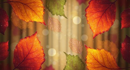 Delicate autumn background, banner, postcard with translucent leaves on a warm textile orange-yellow background with a play of light in magical bokeh and glitter