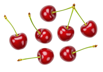Fresh red cherries isolated on transparent background, sweet summer fruit for healthy eating and dessert preparation