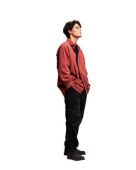 Fototapeta premium Stylish young man in a red shirt and black pants isolated