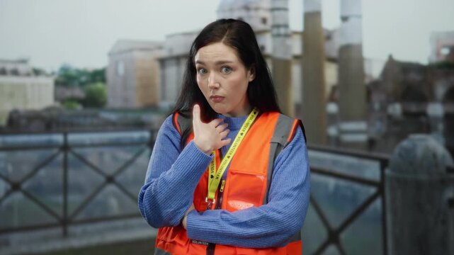 Volunteer brunette woman in a vibrant vest stands confidently amidst ancient roman ruins, highlighting heritage conservation efforts outdoors.