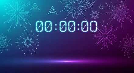 New Year futuristic gradient from neon cyan to ultraviolet purple, digital countdown clock hitting midnight.