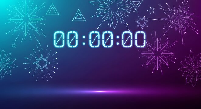 New Year futuristic gradient from neon cyan to ultraviolet purple, digital countdown clock hitting midnight. - Powered by Adobe