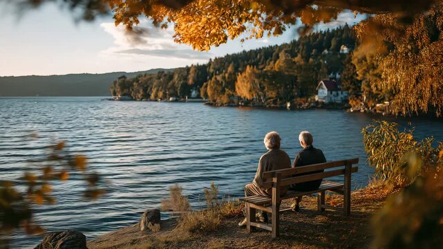 Sitting on a lakeside seat, the father and son converse.