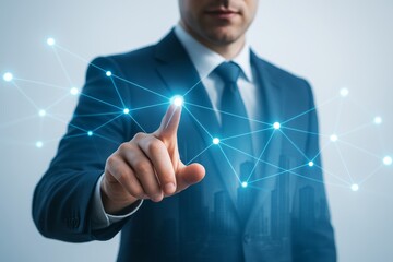 Businessman touching glowing digital network connection with fingertip in futuristic interface on abstract background, symbolizing data and technology concept. Ai generative