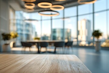 Blurred modern office interior with wooden table