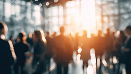 Blurry crowd of people in a large space, bathed in sunlight