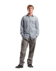 Fototapeta premium Smiling young man in casual outfit with hands in pockets isolated