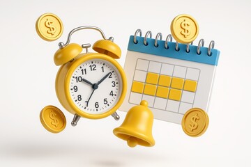 Yellow alarm clock, calendar, bell, and gold coins on white background symbolizing time management and financial planning with modern 3D illustration style. Ai generative